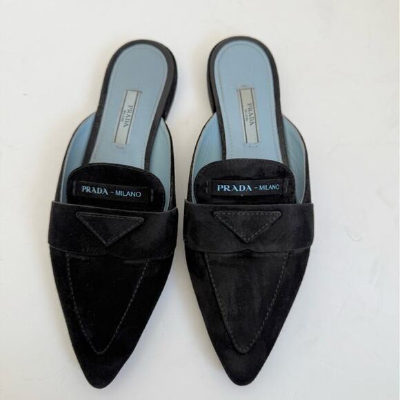 Prada Black Suede leather logo slip on slide loafer mules EU 37 - Picture 3 of 10